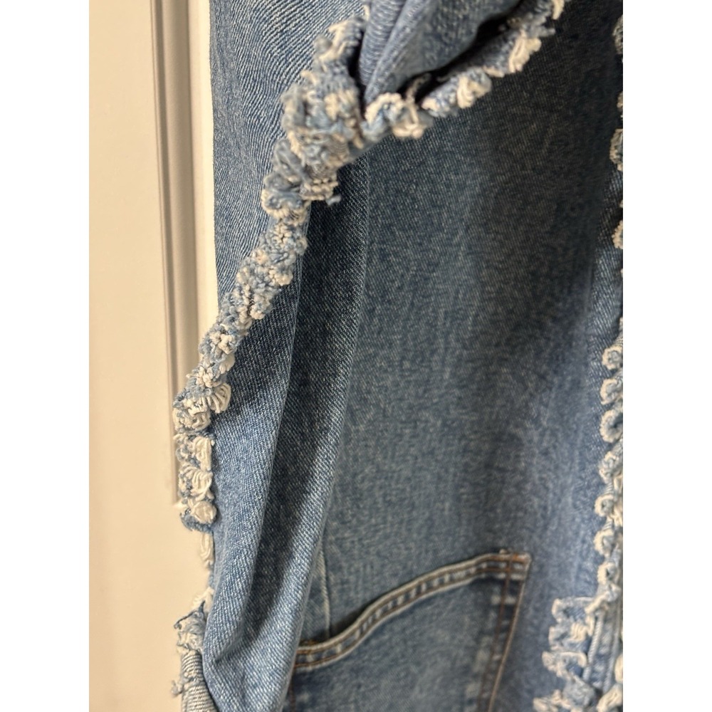 Vintage Boho Rag Denim Jean Jacket Frayed Fringe Heart Pockets Handmade Funky L - Picture 4 of 10